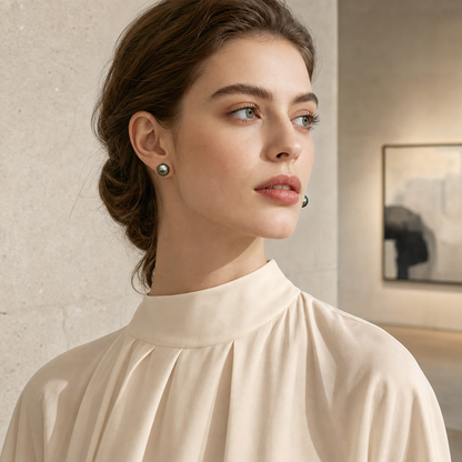 VARI Solitaire Tahitian South Sea Pearl Stud Earrings styled lifestyle wearing view