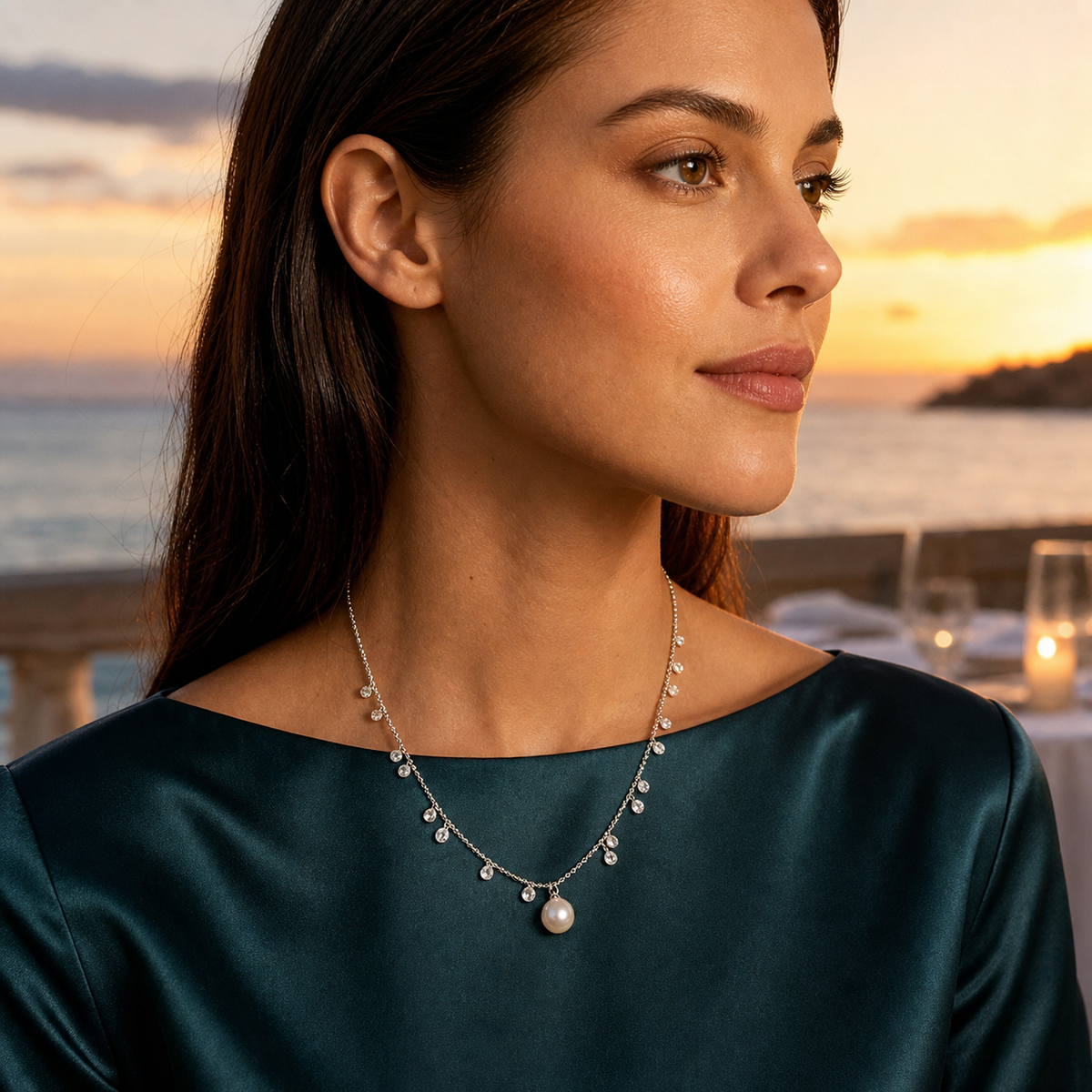 Model wearing Starlight white Japanese Akoya pearl cubic zirconia pendant necklace