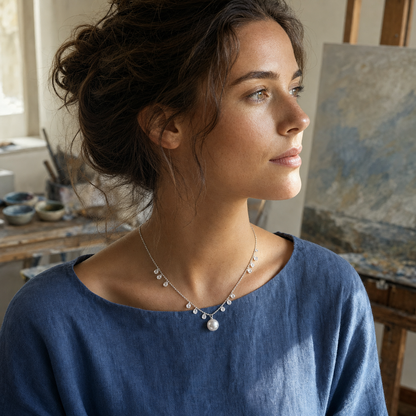 Model wearing Starlight Australian White South Sea pearl cubic zirconia pendant necklace in an oil-painting studio