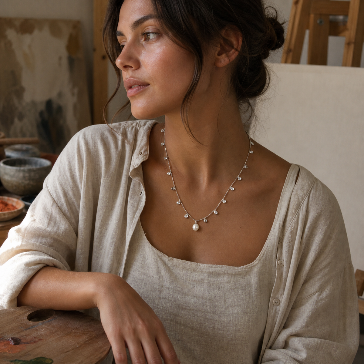 VARI Starlight Freshwater Pearl Pendant in an oil painting studio