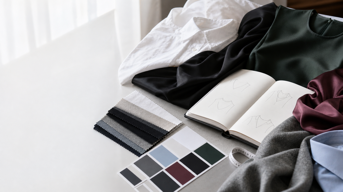 Fashion styling table with garment necklines, fabrics and colour study