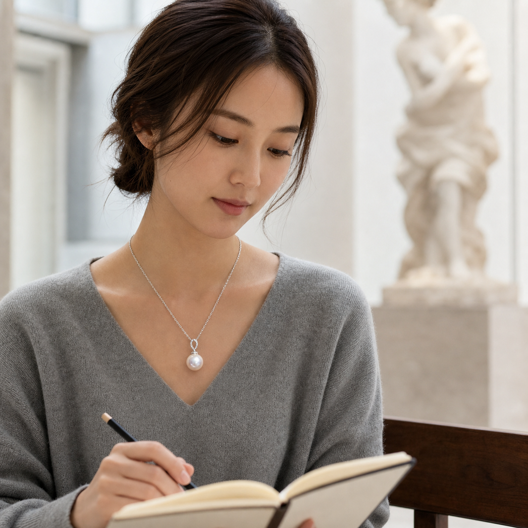 Sugar Cube Japanese Akoya pearl pendant worn while sketching in a museum gallery