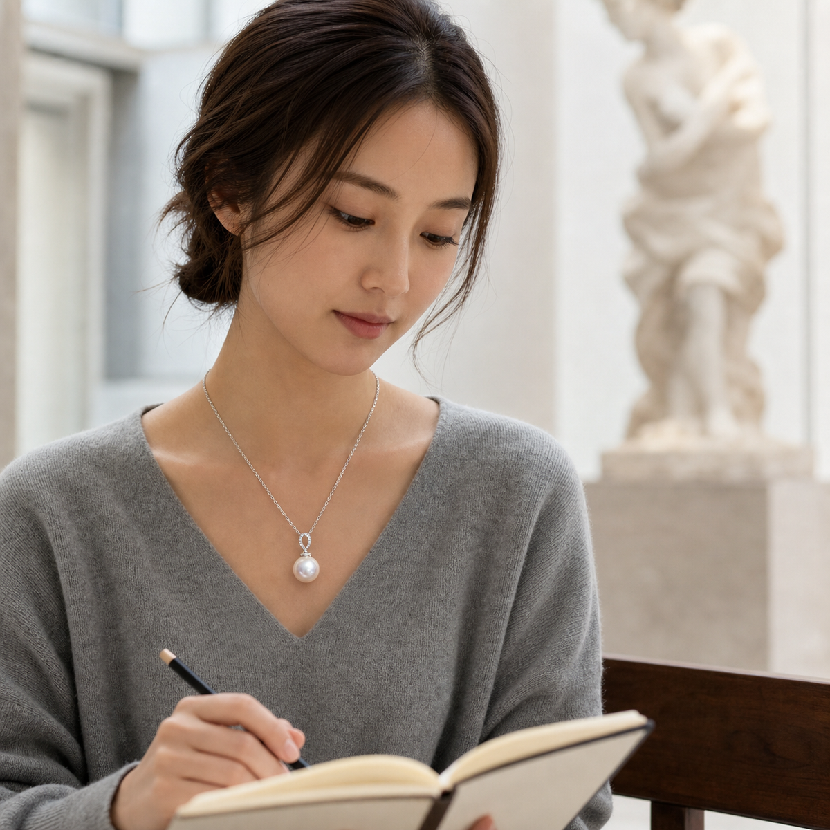 Sugar Cube Japanese Akoya pearl pendant worn while sketching in a museum gallery