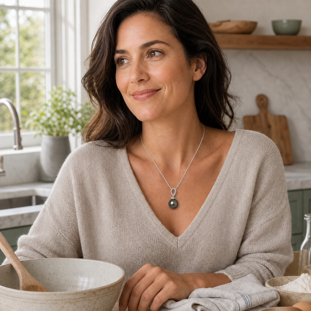 Sugar Cube Tahitian South Sea pearl pendant worn during a calm weekend baking morning
