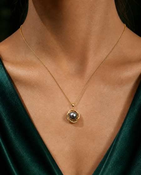 Sunflower Tahitian South Sea Lagoon black pearl pendant on model