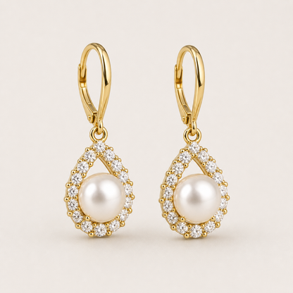 Teardrop white freshwater pearl and cubic zirconia halo earrings