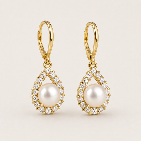 Teardrop white freshwater pearl and cubic zirconia halo earrings