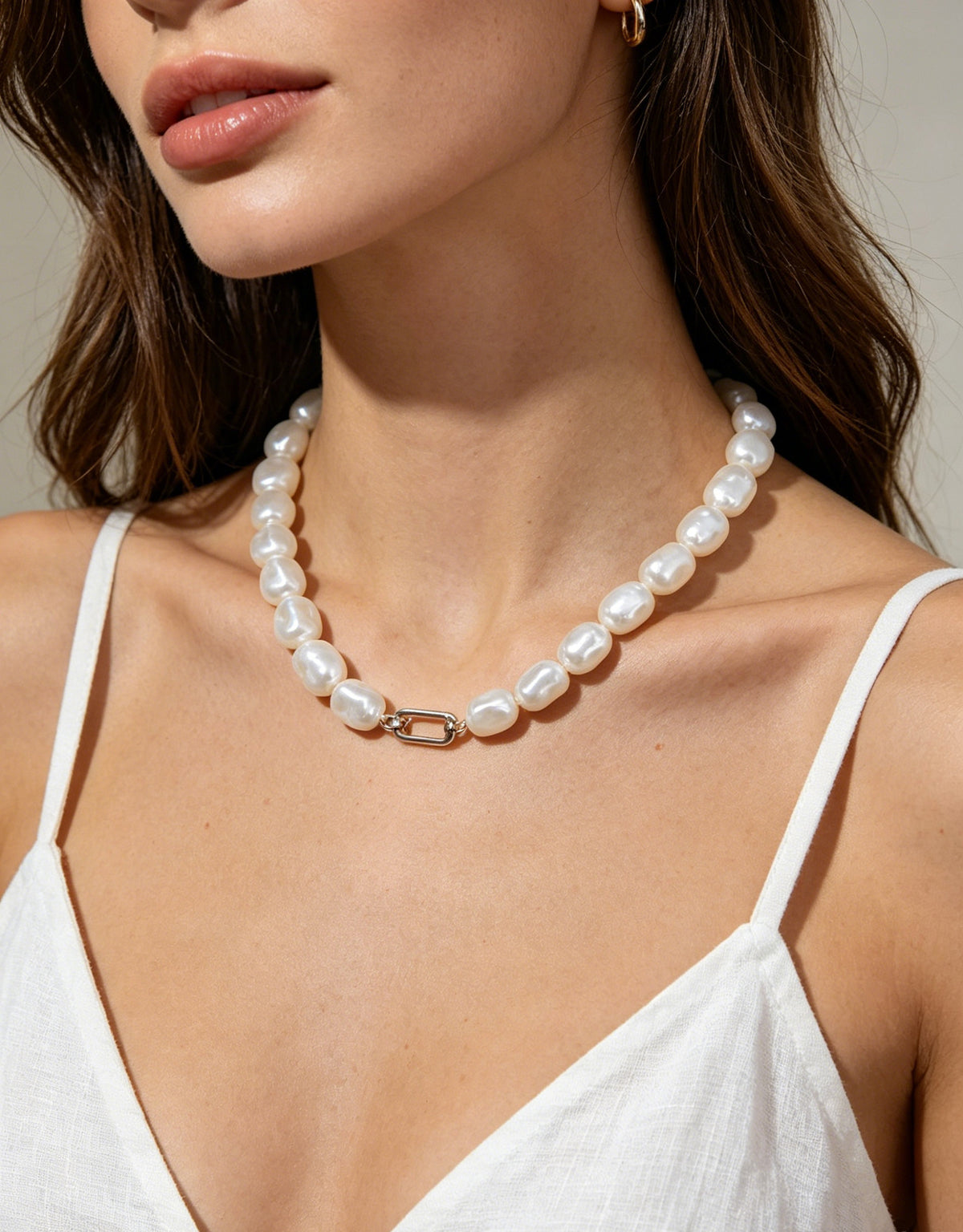 Thalia baroque pearl toggle necklace on model