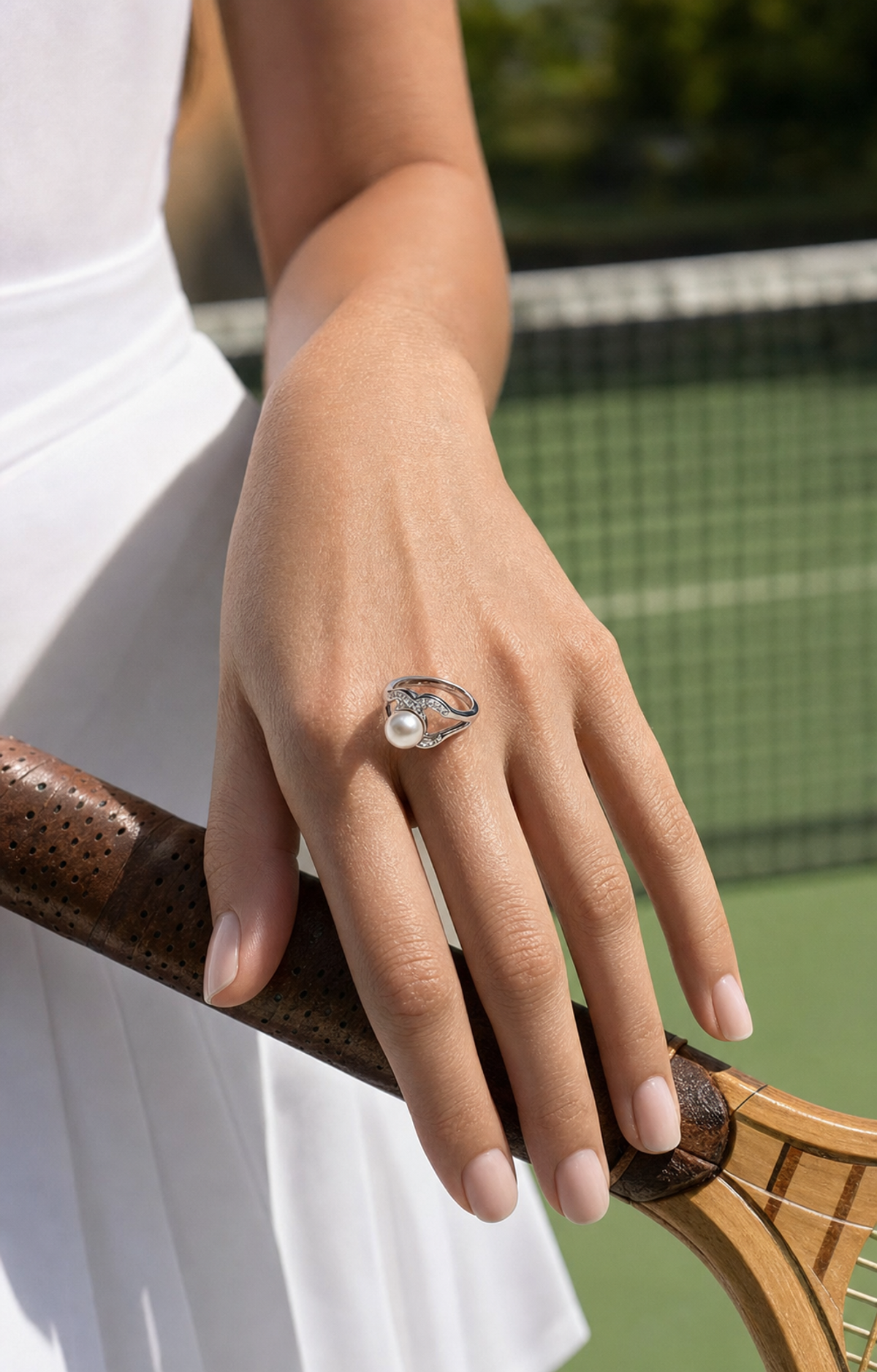 Tidal Freshwater Pearl Wave Accent Ring worn in a lifestyle setting
