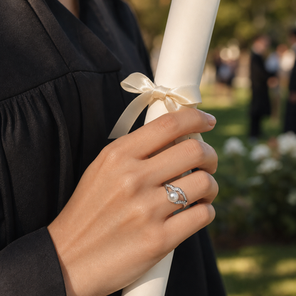 VARI Tidal Japanese Akoya Pearl Wave Accent Ring styled lifestyle wearing view
