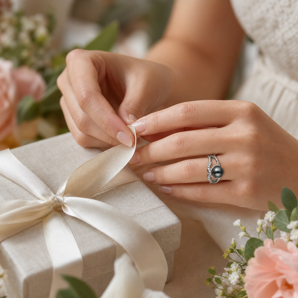 VARI Tidal Tahitian South Sea Pearl Wave Accent Ring styled lifestyle wearing view