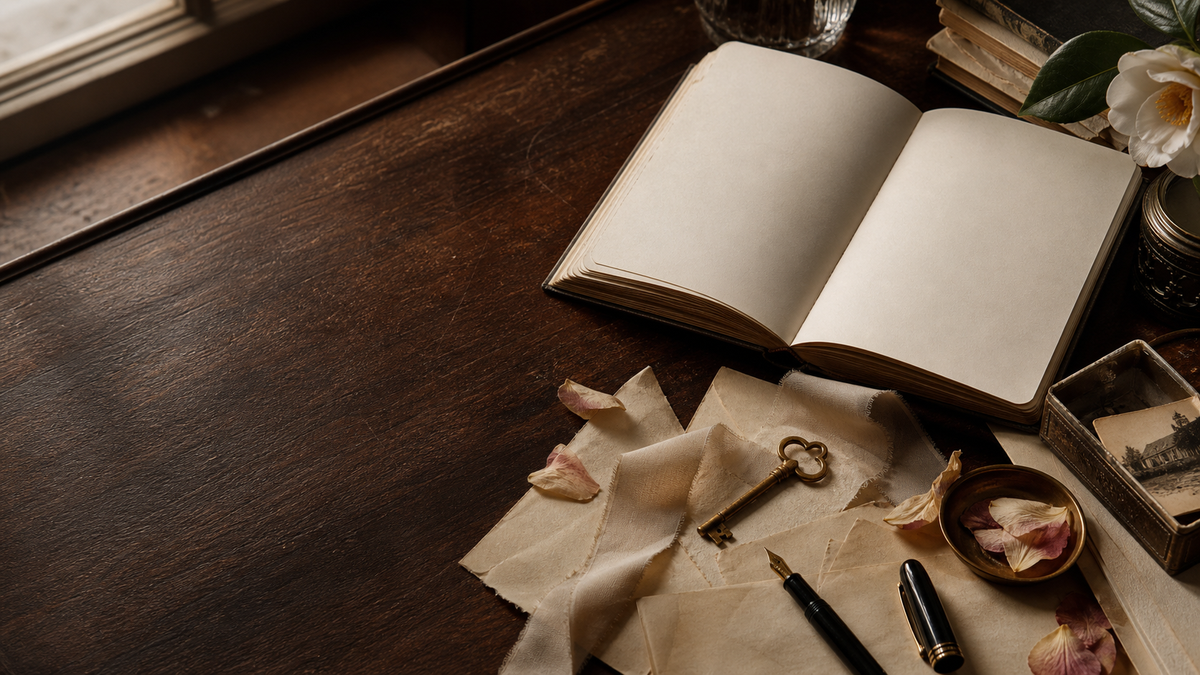 VARI life archive with blank journal, antique key and pressed petals
