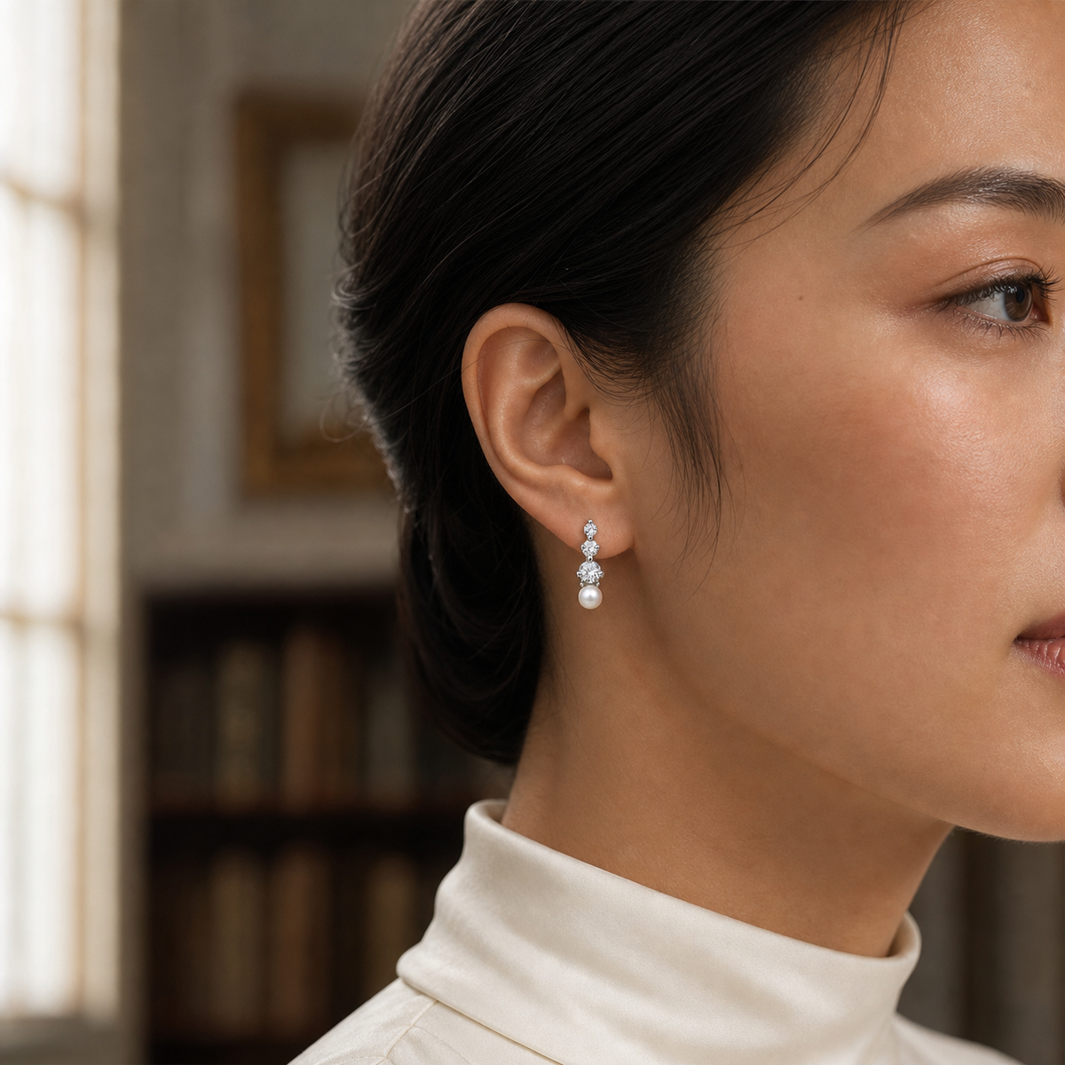 Model wearing Trilogy white Japanese Akoya pearl stud earrings