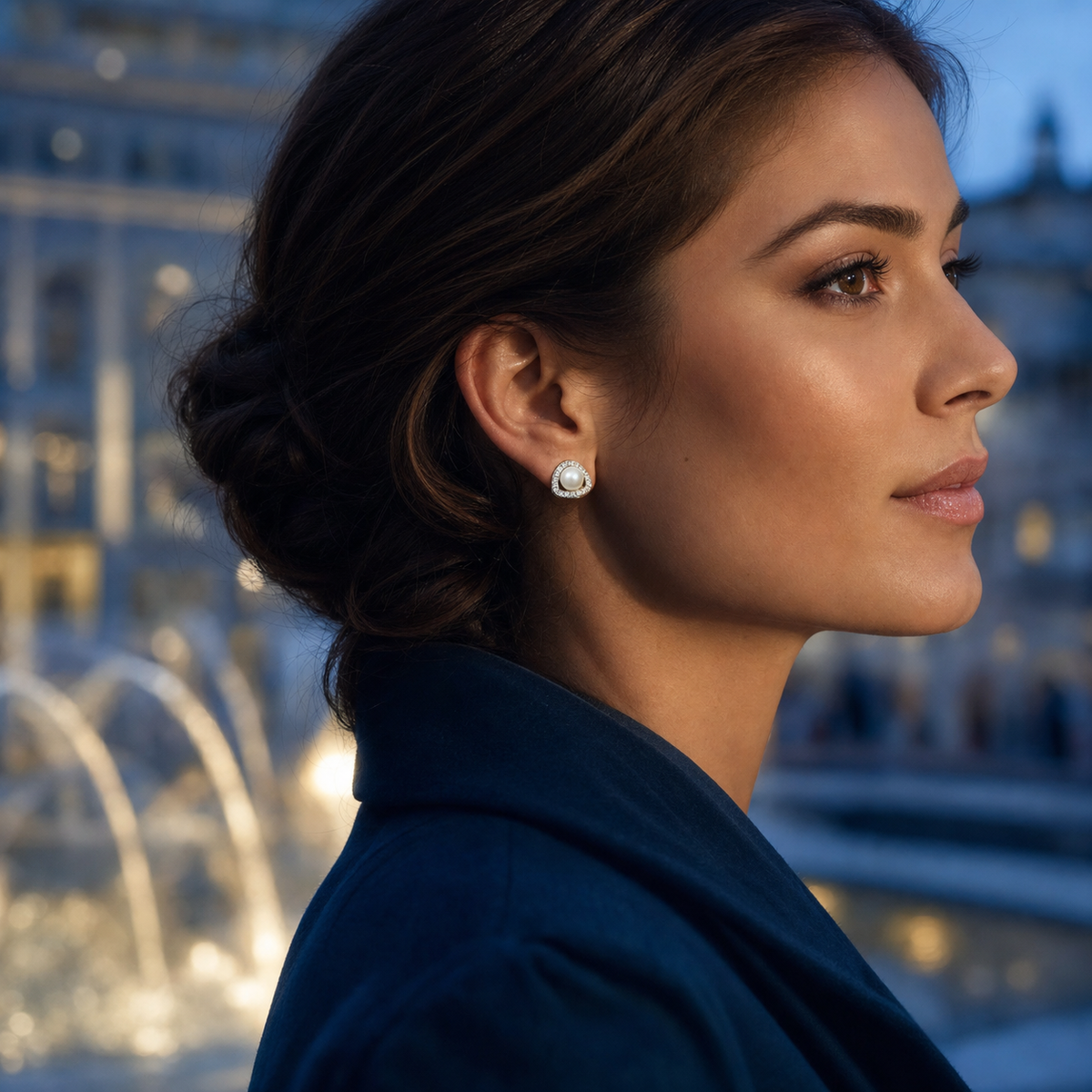 VARI Trilogy Australian White South Sea Pearl Stud Earrings styled lifestyle wearing view