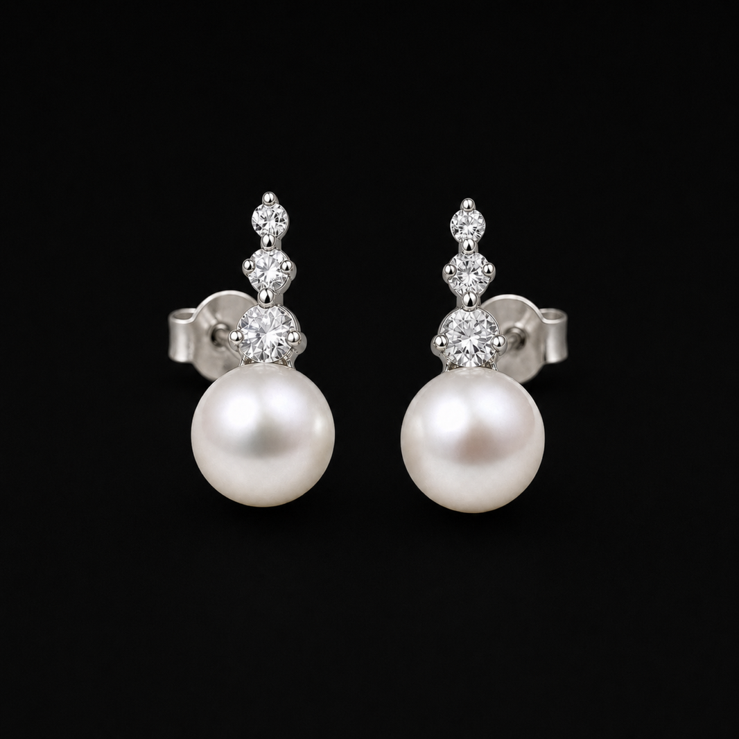 Trilogy white Freshwater pearl stud earrings with three cubic zirconia on a matte black background