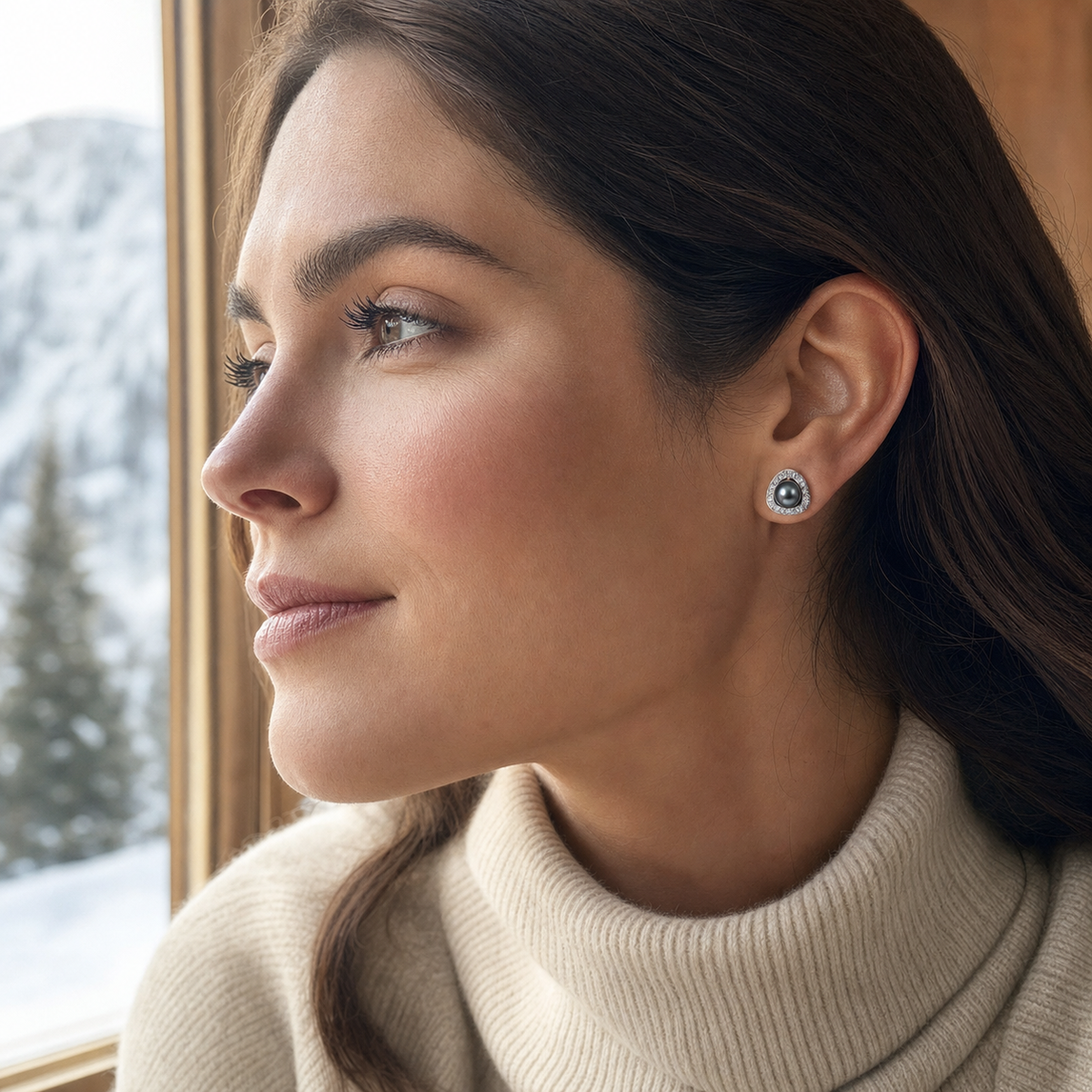 VARI Trilogy Tahitian South Sea Pearl Stud Earrings styled lifestyle wearing view