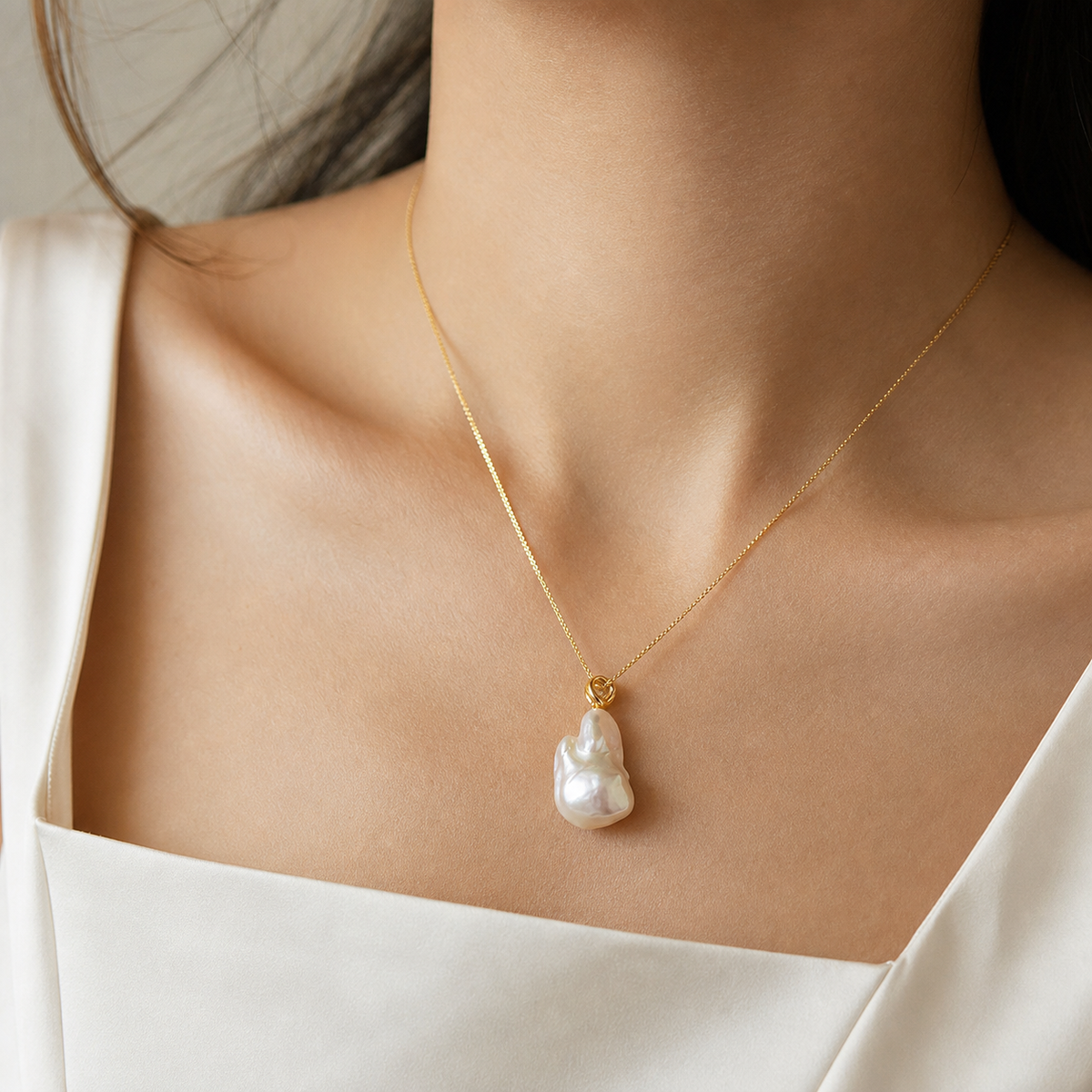 VARI Universal Clasp baroque pearl pendant with soft ivory tailoring