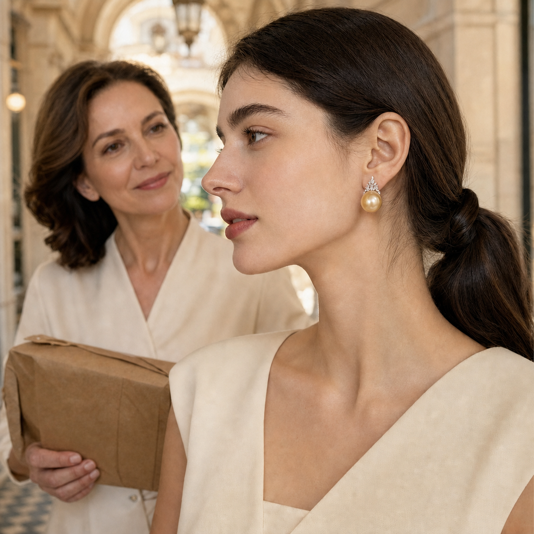 VARI Winter's Tale Golden South Sea Pearl Earrings styled lifestyle wearing view