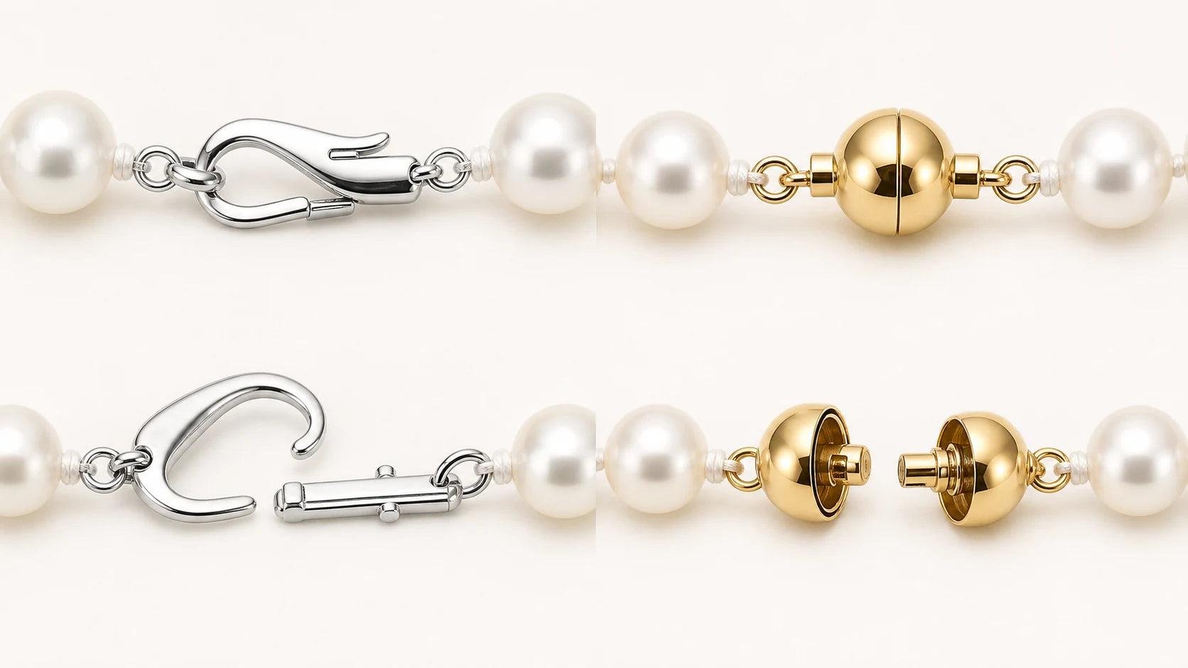 Fish Hook clasp in S925 sterling silver and Ball clasp in 14K gold, each shown closed and open