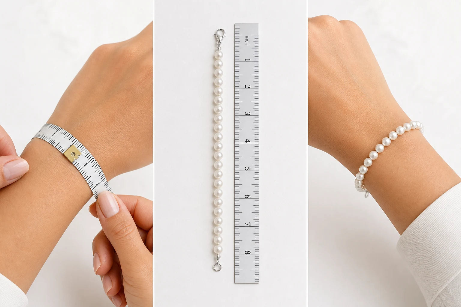 Three-step visual guide showing wrist measurement, an existing bracelet beside a ruler, and a comfortable pearl bracelet fit