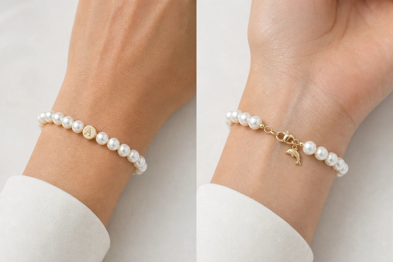 Pearl bracelet personalization shown at the front of the wrist and beside the clasp