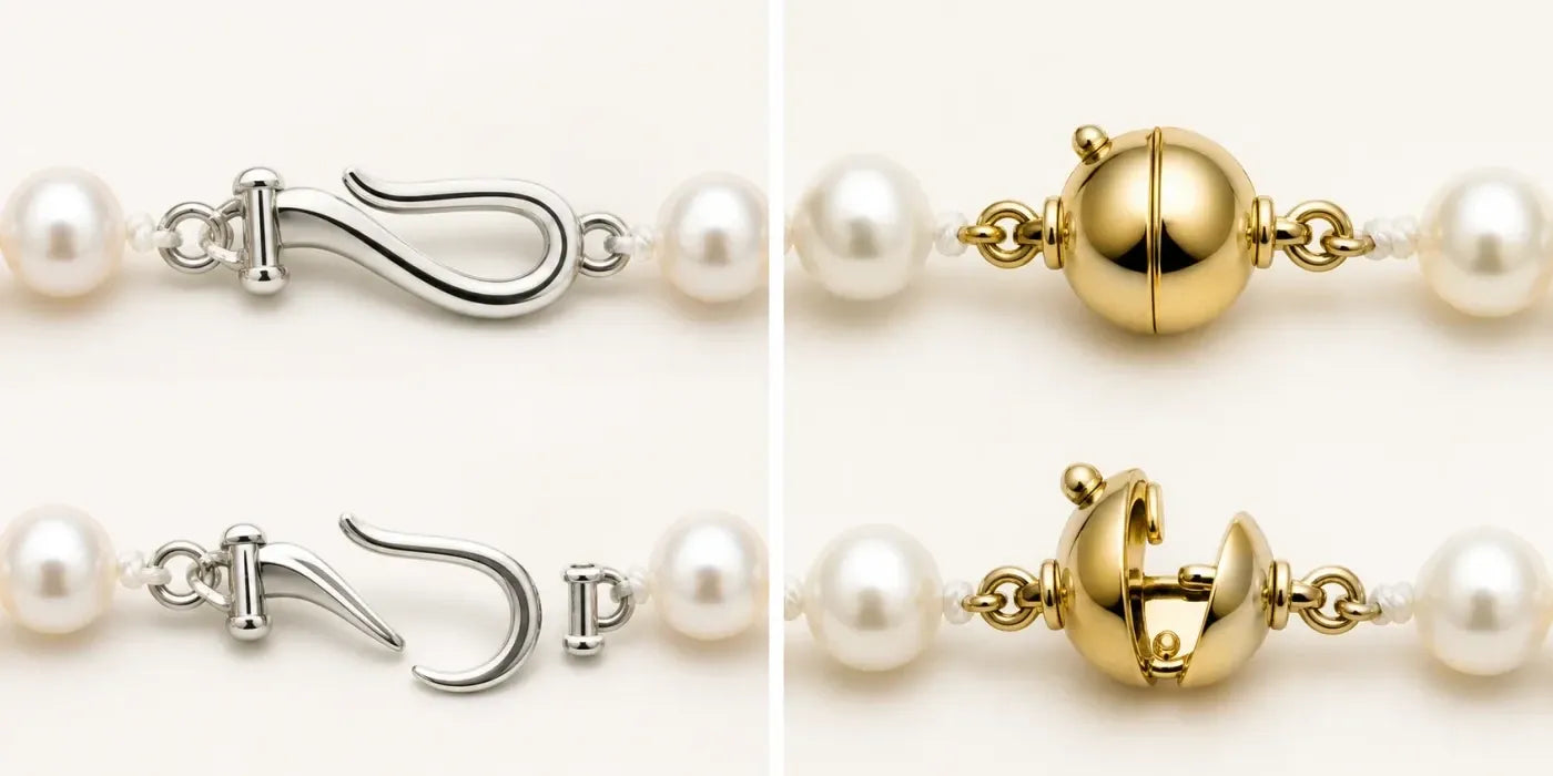 Fish Hook clasp in sterling silver and Ball clasp in 14K gold, shown closed and open
