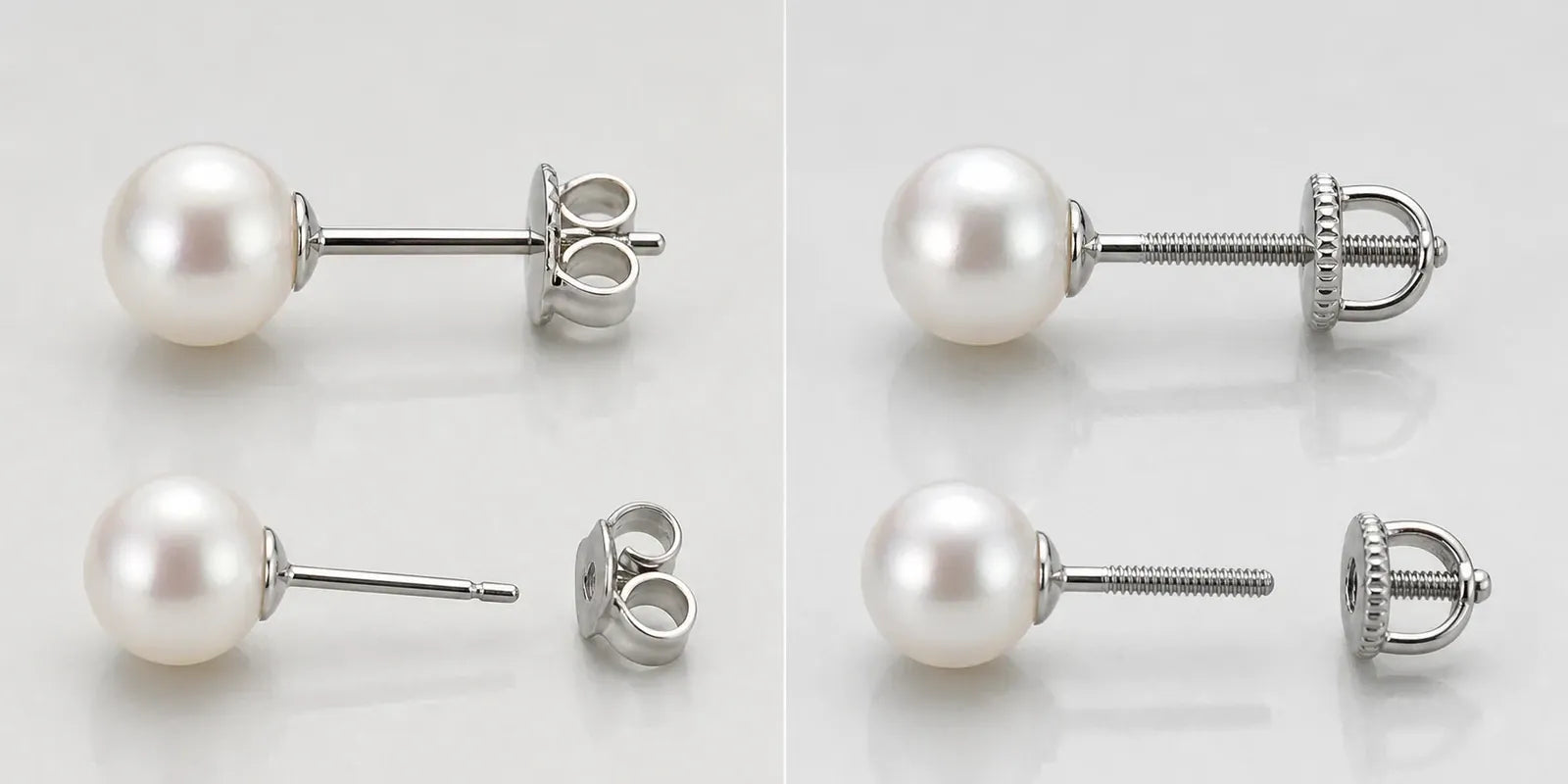 Push Back pearl stud with straight post compared with Screw Back pearl stud with threaded post