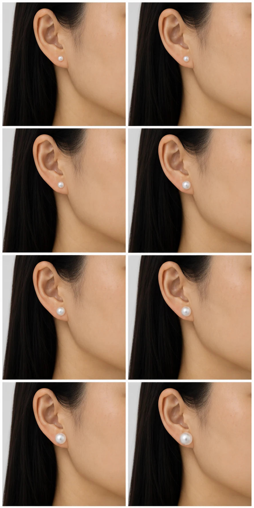 Eight matching ear views comparing pearl earring sizes from 5–6mm through 12–13mm