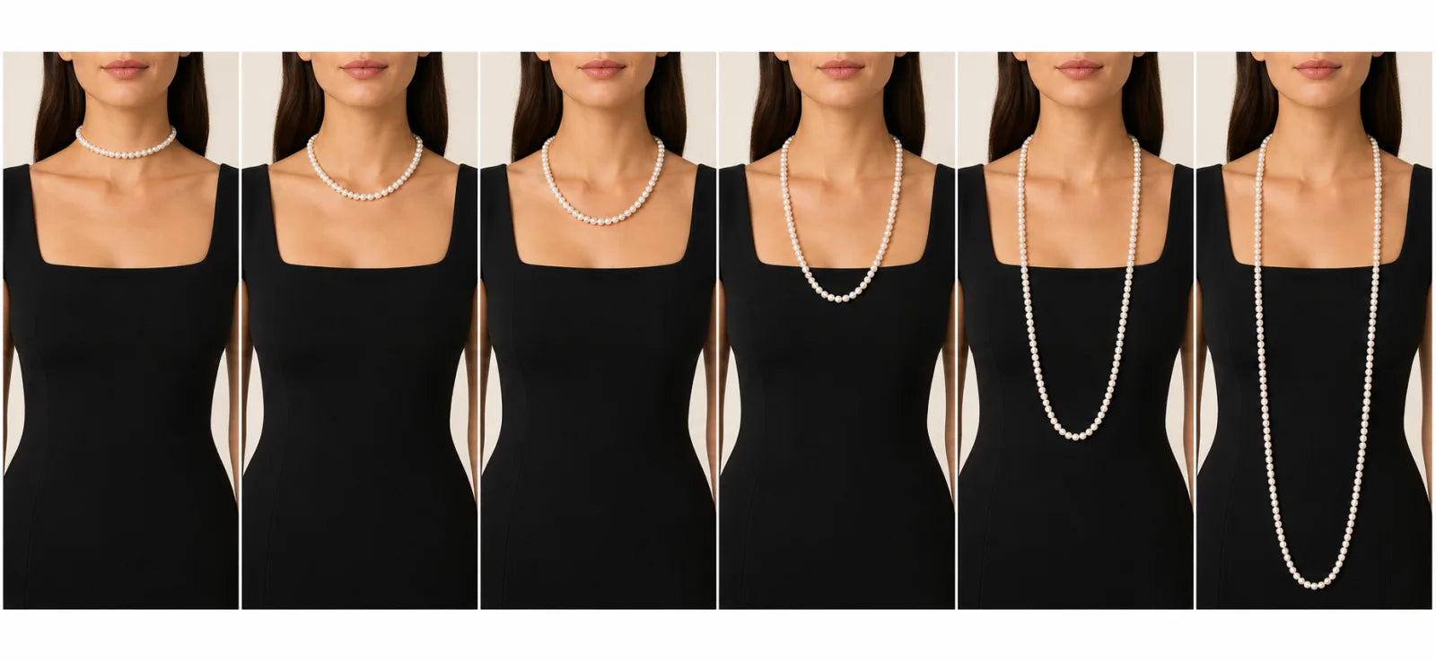 Six wearing examples comparing 16, 18, 20, 24, 36 and 51 inch pearl necklaces