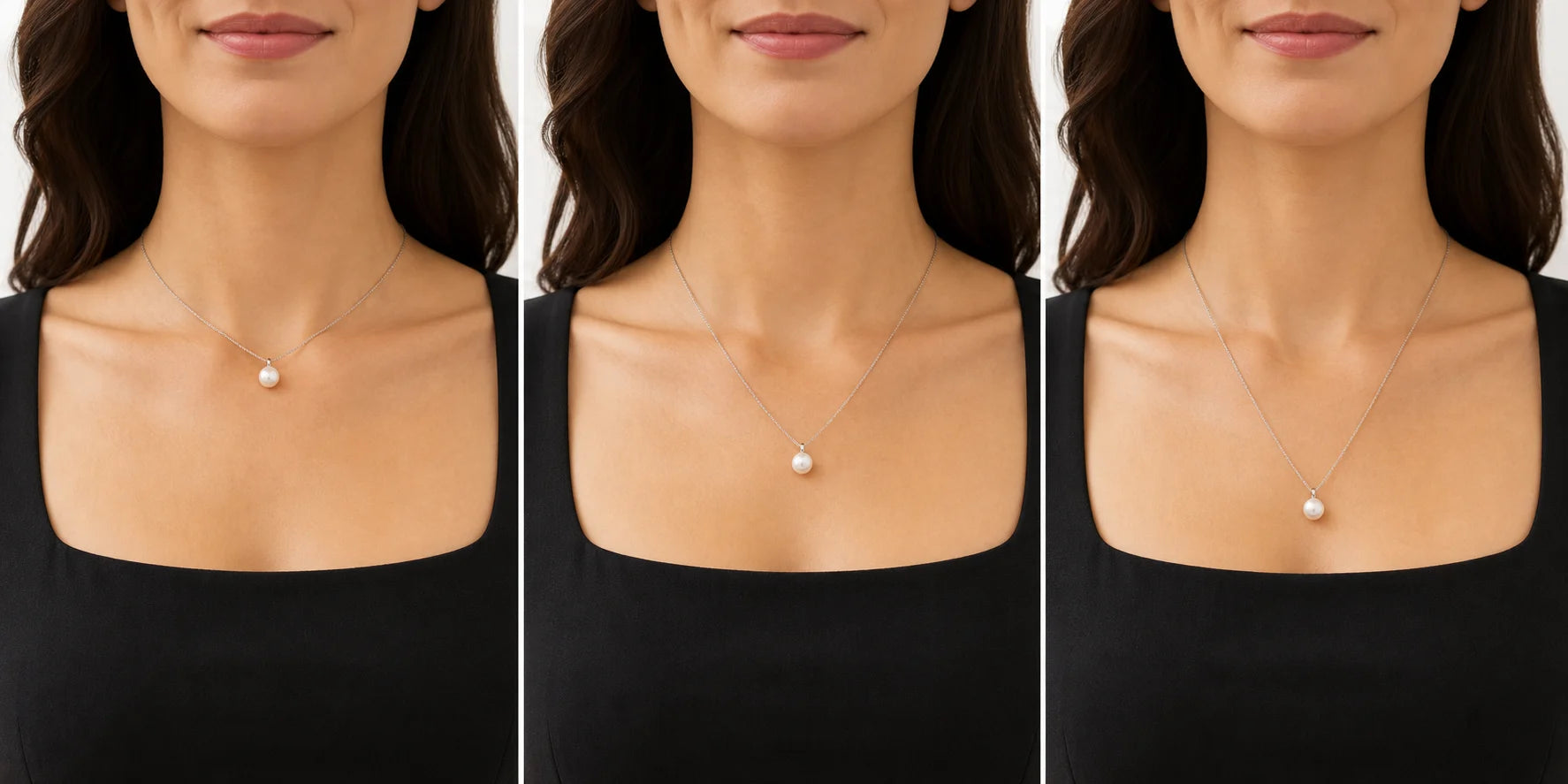 Three wearing examples comparing 16, 18 and 20 inch pendant necklaces