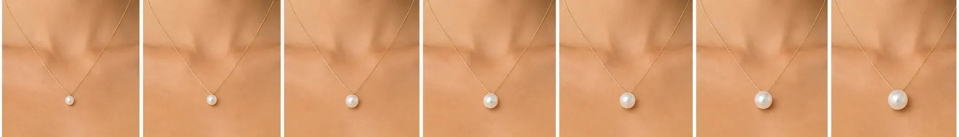 Seven wearing examples comparing pearl pendant sizes from 9mm to 15mm