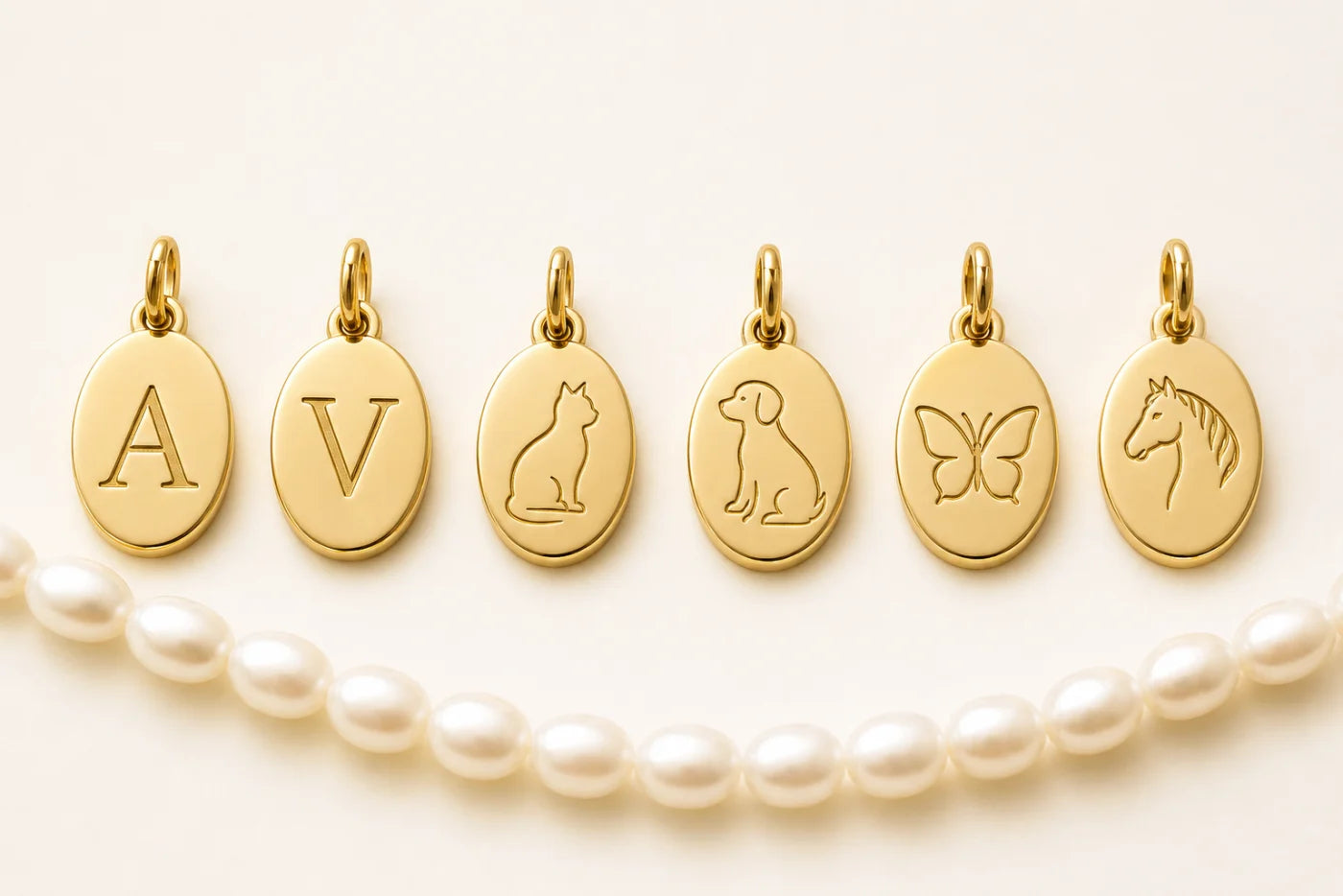 Examples of recessed letter, cat, dog, butterfly and horse personalization charms