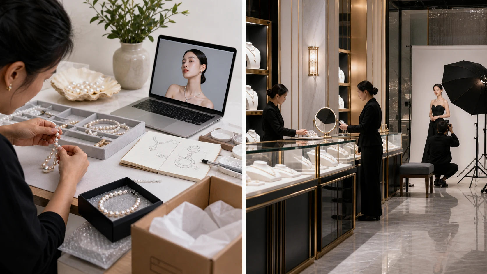 VARI online-first jewelry studio compared with a traditional physical jewelry boutique and model shoot