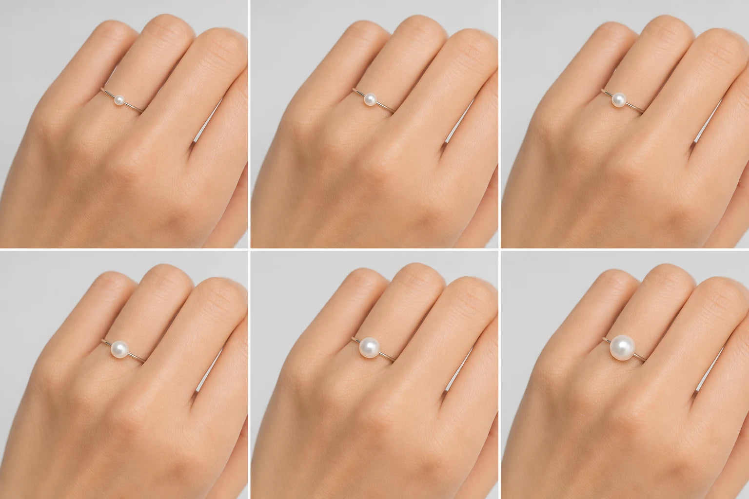 Six pearl rings worn on the hand showing pearl sizes from 3-4mm through 8-9mm