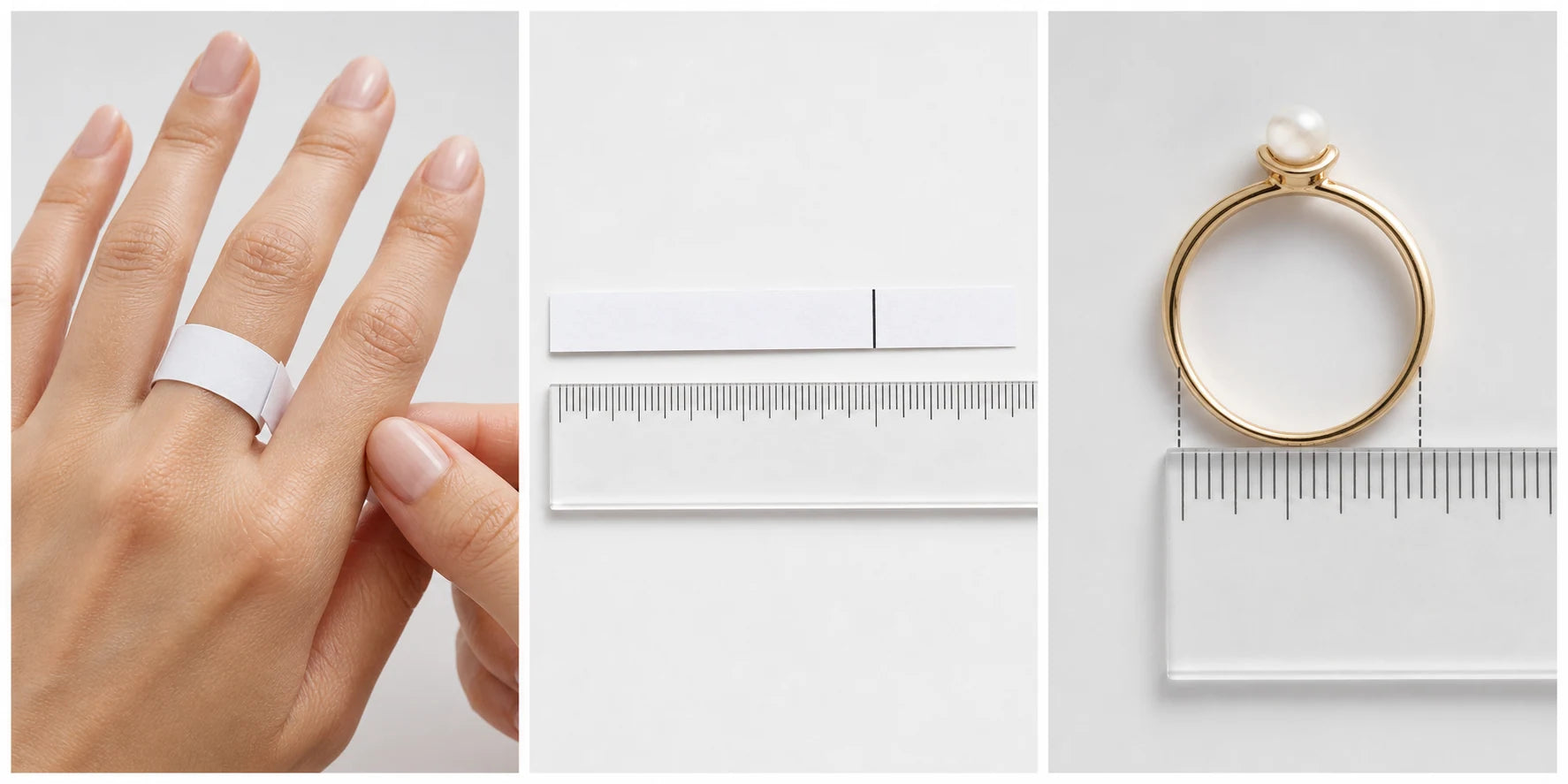 Three-step guide showing a paper strip around a finger, the strip beside a ruler and the inner diameter of a pearl ring